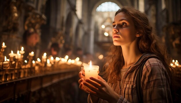 The blessing of candles in a church capturing the glow of the candles against the backdrop