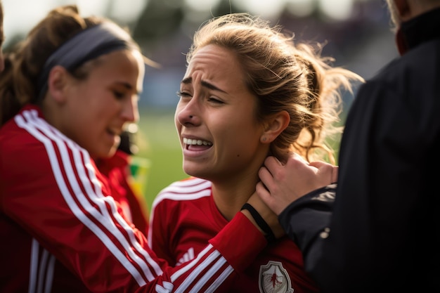 Blessuremoment Vrouwelijke voetballer neerslachtig vanwege een blessureblessure van teamgenoten Nikon Df 85mm f1