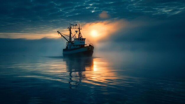 青い漁船が早朝に海に向かっている