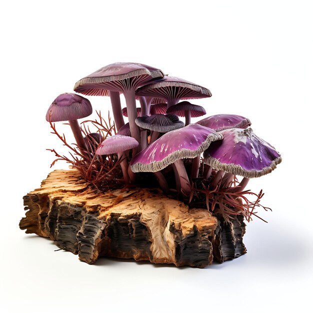 Photo blewit mushroom lavendercolored caps decaying beech log gro plant and log on white background