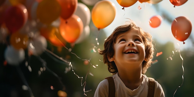 Blij kind met kleurrijke ballonnen genietend van een zonnige dag in de buitenlucht vastgelegd moment van onschuldige verrukking AI
