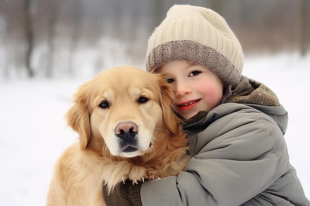 Blij kind omarmt Golden Retriever in wintergeneratieve AI