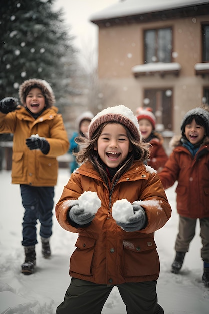 Blije, gelukkige kinderen spelen in de winter en laten sneeuwballen naar elkaar gooien