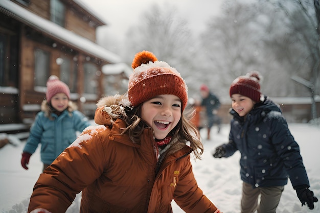 Blije, gelukkige kinderen spelen in de winter en laten sneeuwballen naar elkaar gooien