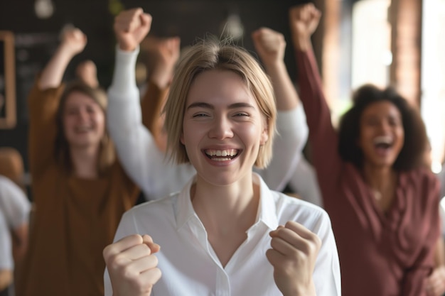 Blije jonge vrouw die succes viert met een groep