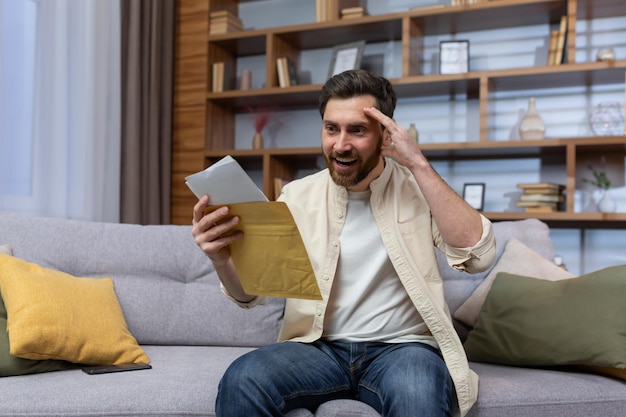 Blije man die thuis een envelop vasthoudt met een meldingsbericht dat leest en glimlacht blij met nieuws