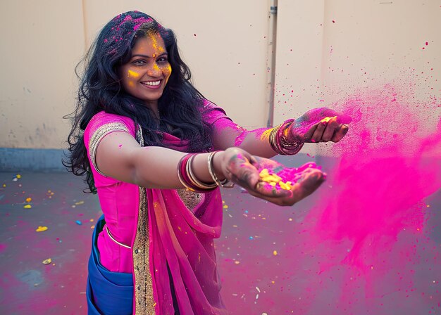 Blije vrouw die Holi-festival viert