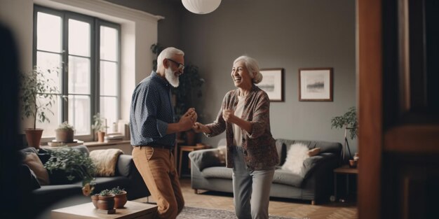 Blijf in beweging Romantisch senior familiepaar vrouw en man dansen samen op muziek in de woonkamer Gelukkige levensmomenten Generatieve Ai