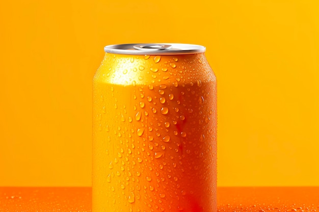 blikje verse frisdrank met waterdruppels op oranje achtergrond close-up Generatieve AI