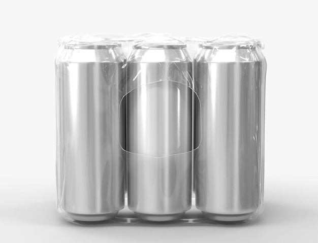 Blikjes in plasticfolie voor bier of frisdrank vooraanzicht Realistische mockup van metalen potten in transparante verpakking aluminium jerrycans zilveren drinkflessen geïsoleerd op witte achtergrond