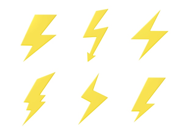 Foto bliksem d icon set render thunder power energie snelle bout en elektrische flits snelle bliksemschicht kar