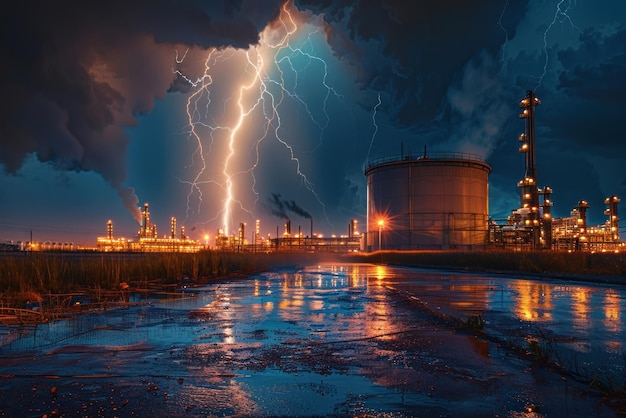 Bliksem raakt een olieraffinaderij Nacht onweersbui bliksem raakt de opslag van aardolieproducten in een ruwe olieverwerkingsfabriek