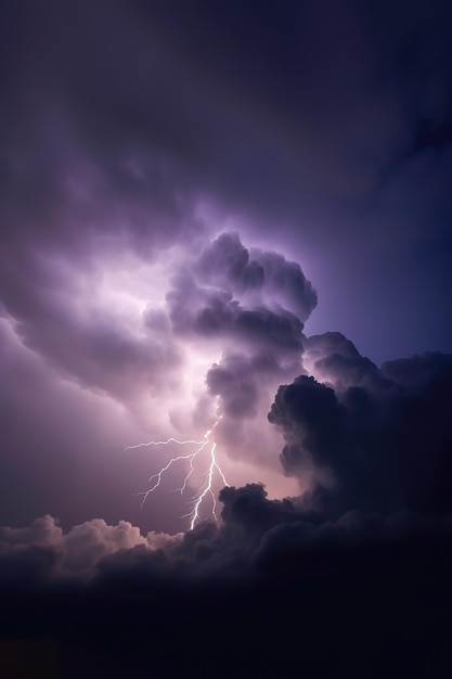 Bliksem verlicht de lucht met een paarse lucht en paarse wolken