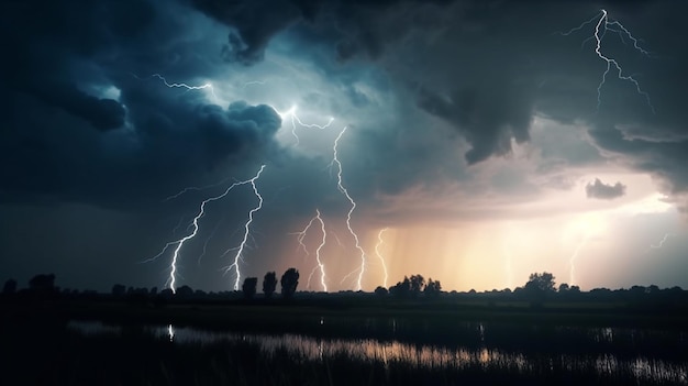 Blikseminslag in de lucht boven de rivier generatieve ai