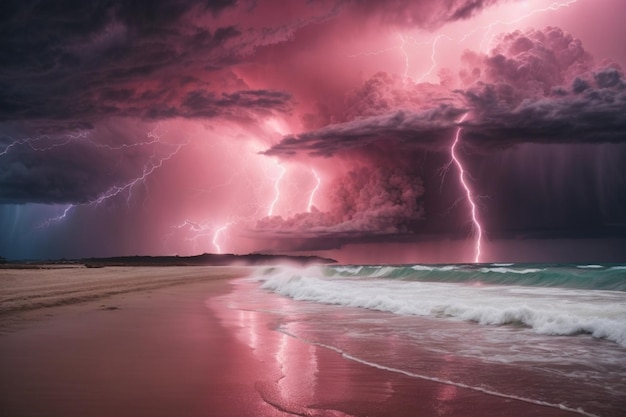 Foto blikseminslag op een strand in de avond stormig weer