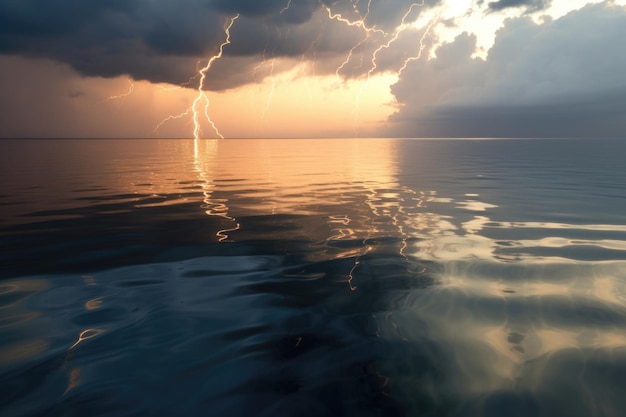 Foto blikseminslag reflecteert op kalm zeeoppervlak gemaakt met generatieve ai