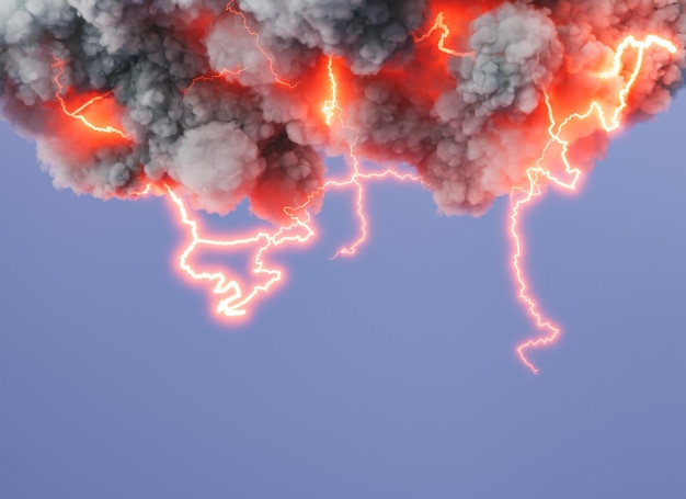 Blikseminslagen in grijze wolken in de blauwe lucht