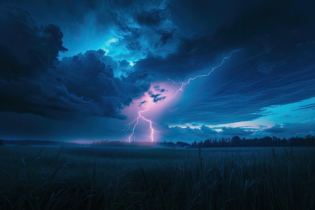 Foto bliksemstorm over het veld en de nachtelijke hemel