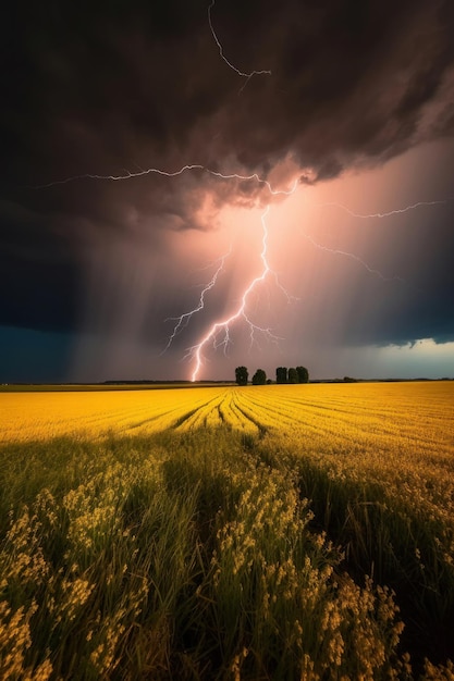 Foto blikstorm en bliksem over een graangebied generatieve ai