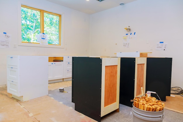 Blind corner cabinet island drawers and counter cabinets installed