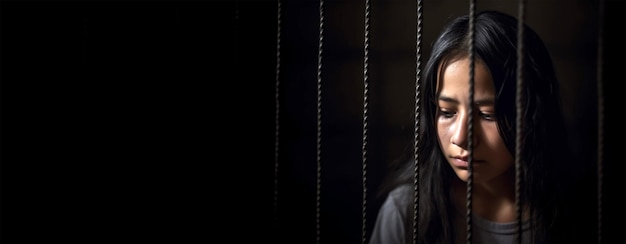 Photo blind girl background of a dark prison cell