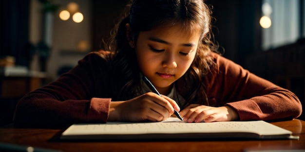 Blind girl learning to write braille