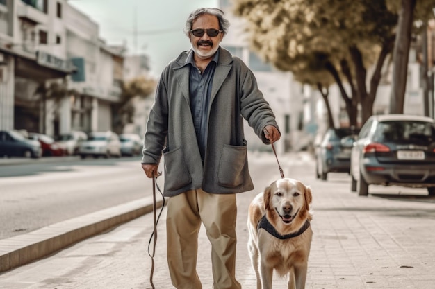 Blind man in city disabled has best friend dog who help him to cross the streets and walk Generative AI