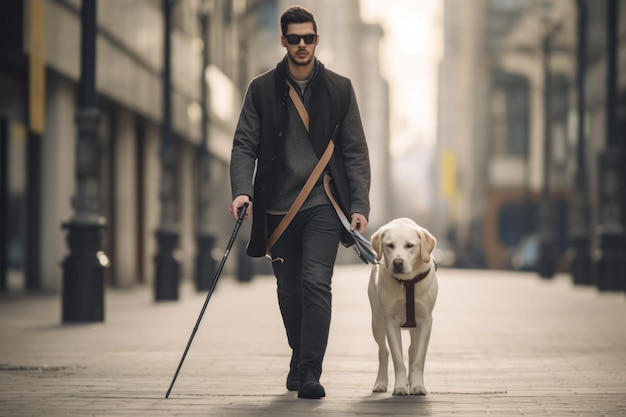 Foto uomo cieco con gli occhiali con un bastone con un cane guida bianco