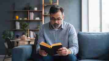 Photo blind man reading braille book on the couch disabled people