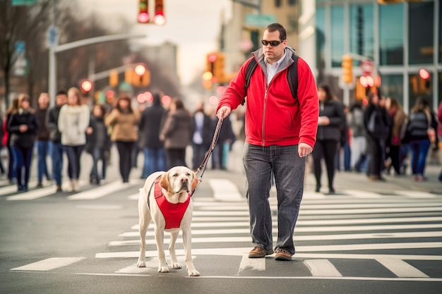 視覚障害者とその忠実な介助犬が賑やかな街路を巡る、心温まるアウトドア ライフスタイル