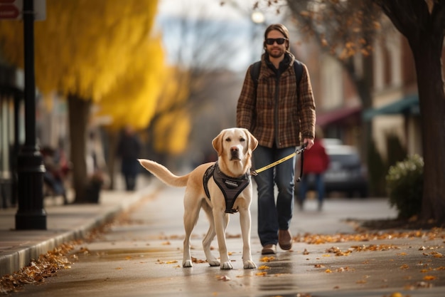 Blind person walking with a guide dog