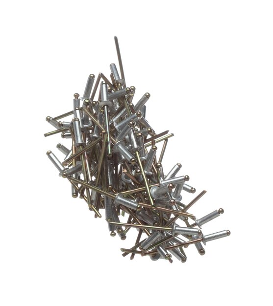 Blind Rivet nail fly in air Many bulk blind rivet group float up over white background isolated Rivet for industry used as meterial hardware tool to joint part metallic repair fix