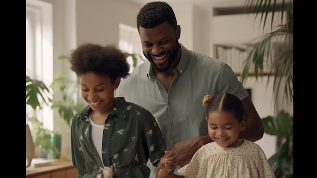 blindfolded african american mother and happy father with two children playing blind man buff or