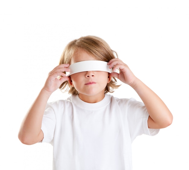 blindfolded children blond kid portrait isolated on white