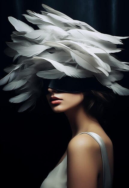 頭飾りの羽のマスクで目隠しされたマスクされたファッションの女の子