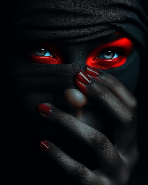 赤い爪で目隠しをした仮面をかぶった怖い女性が手で顔を覆う