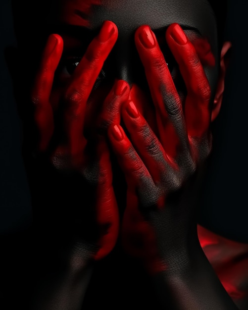 A blindfolded masked scary woman with red nails covers her face with her hands