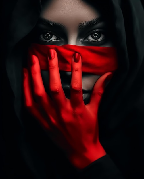 A blindfolded masked scary woman with red nails covers her face with her hands
