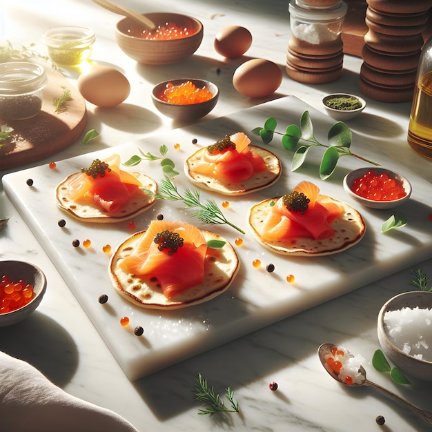 Blini with Smoked Salmon and Caviar on Marble Counter