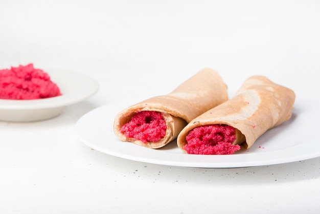 Blinis crepes with red caviar typical of the Russian carnival
