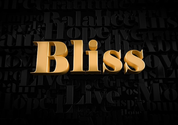 Photo bliss  gold text on black text background  motivational word 3d rendered picture