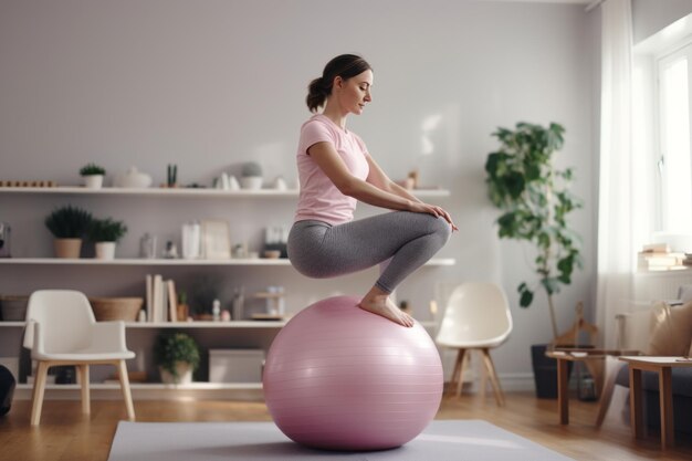 Blissful Balance Embrace Fitness at Home with a Sportswoman in White Shirt and Pink Yoga Pants