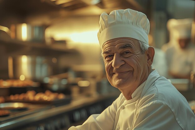 Foto blissful chefs haven senior culinaire kunstenaar die de keuken siert