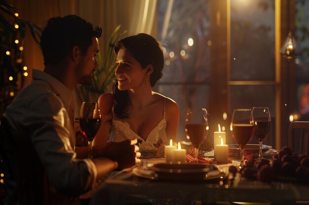 Photo blissful couple sharing a romantic candlelit dinne