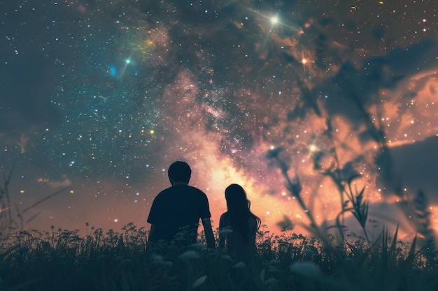 Blissful couple stargazing in a field