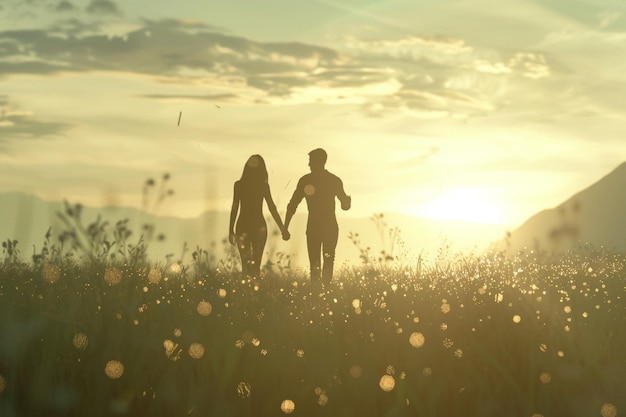 Blissful couple walking hand in hand through a fie