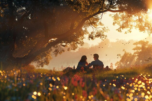 Photo blissful couples picnicking in sundappled meadows