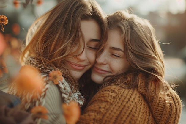 Blissful mother and daughter embracing outside Idea joyful family