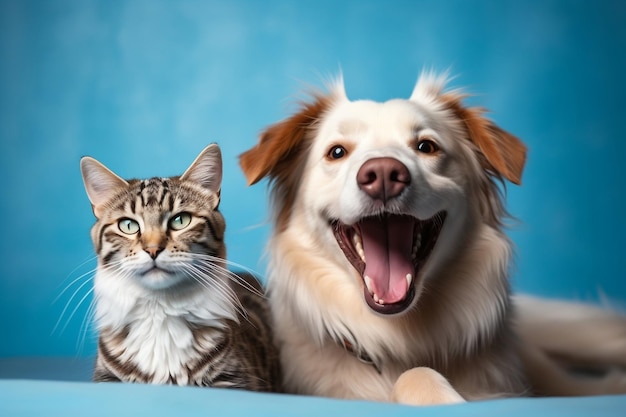 Blissful Pet Companions Gelukkige hond en kat op blauwe achtergrond Dieren houden van generatieve AI