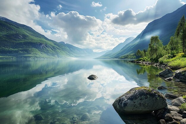 ノルウェー の 山 の 背景 に ある 湖 の 幸福 な 写真